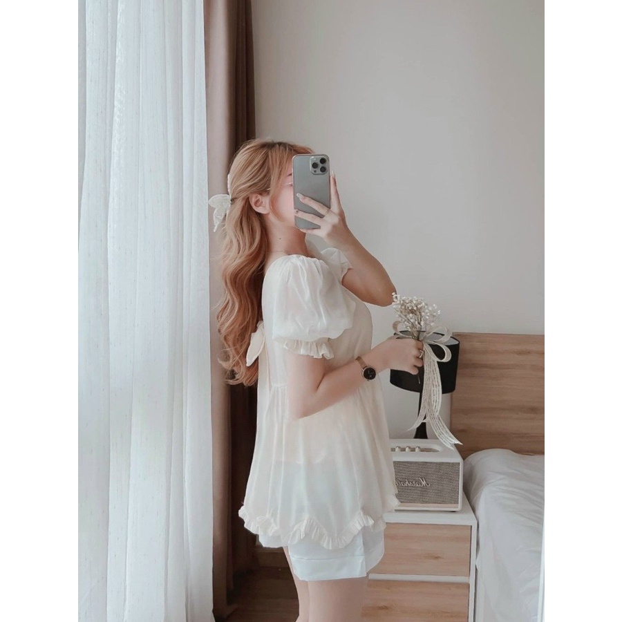 SET ÁO CỔ V NƠ NGỰC TAY BỒNG + SHORT TRẮNG ⚡HỎA TỐC⚡ BÁNH BÈO