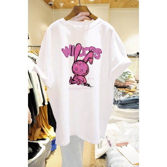 Áo Thun Tay Lỡ Nữ HappyFamily Form Rộng Whoops Graphic Thỏ Chất Cotton 100 Cao Cấp 2 Màu Trắng Đen