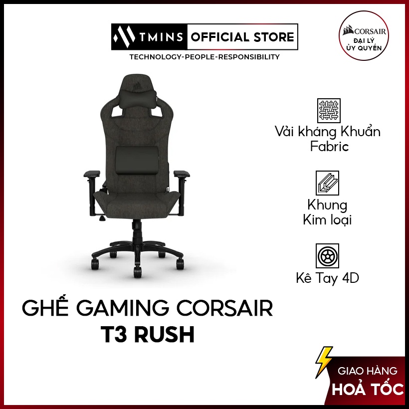 Ghế Gaming Corsair T3 RUSH Gray Charcoal cao cấp, giá tốt –