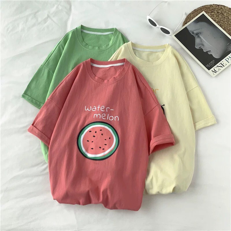 Áo thun unisex nữ tay lỡ form rộng họa tiết trái cây freesize màu đỏ xanh lá vàng nhạt - trái cây