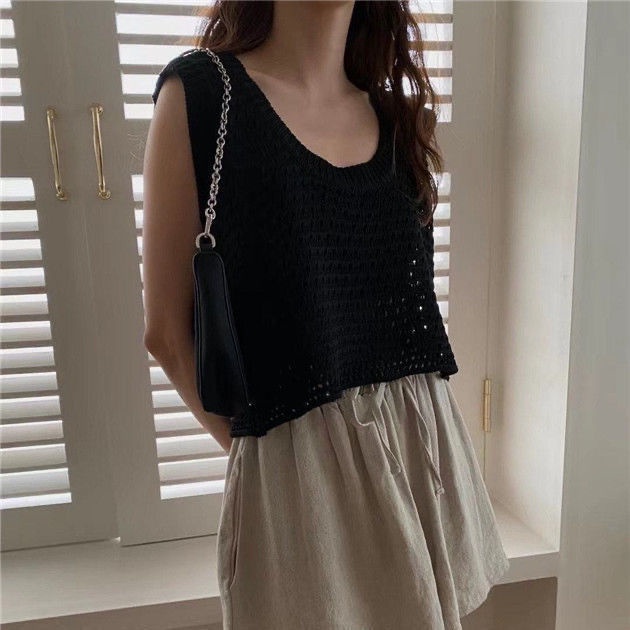 Milyfashion Rỗng Áo Vest Ngắn Mùa Hè Phong Cách Mới Mỏng Rỗng Đan Không Tay Vải Mỏng