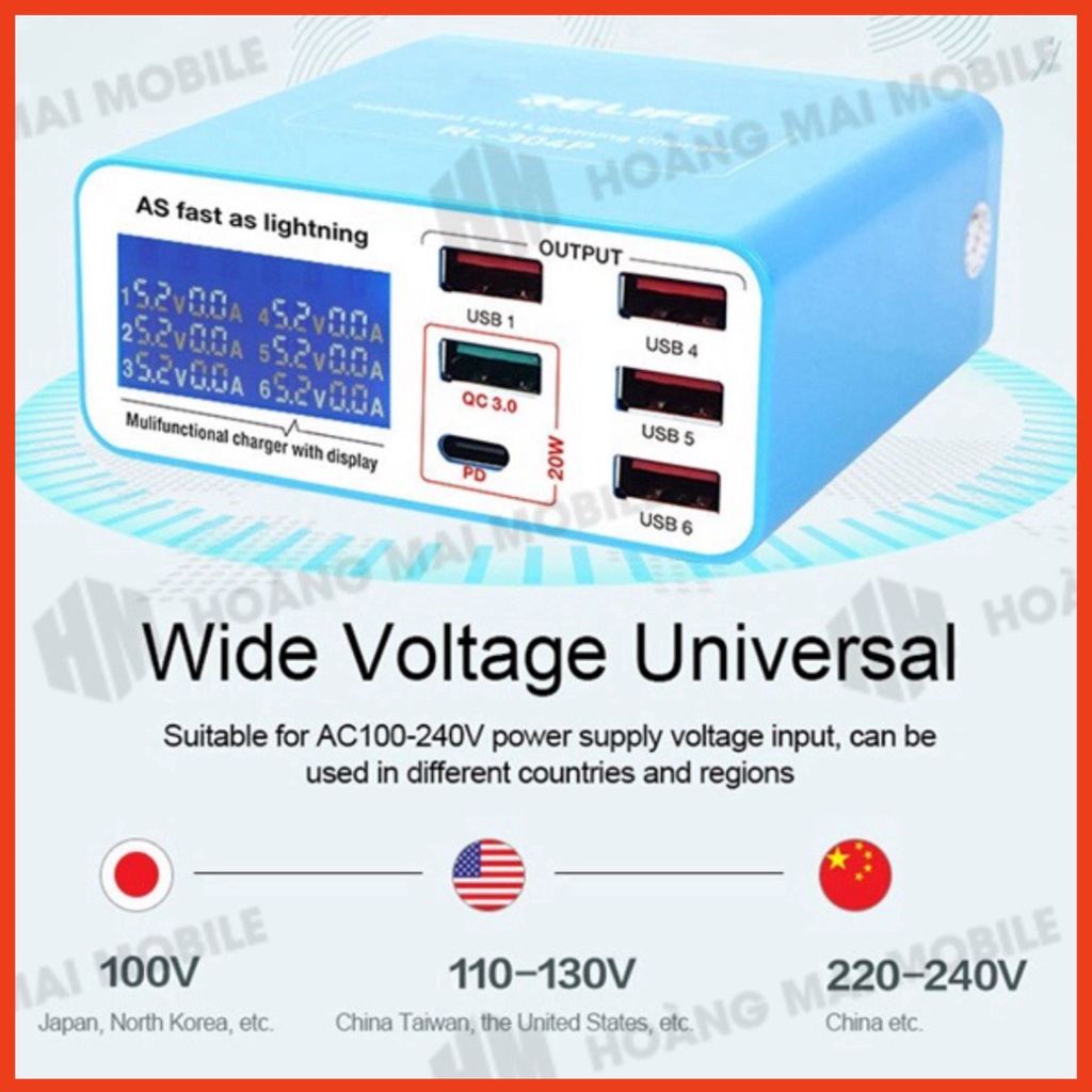 Bộ sạc nhanh 40W RELIFE RL-304P, 6 cổng USB-A + QC3.0 + Type-C/PD