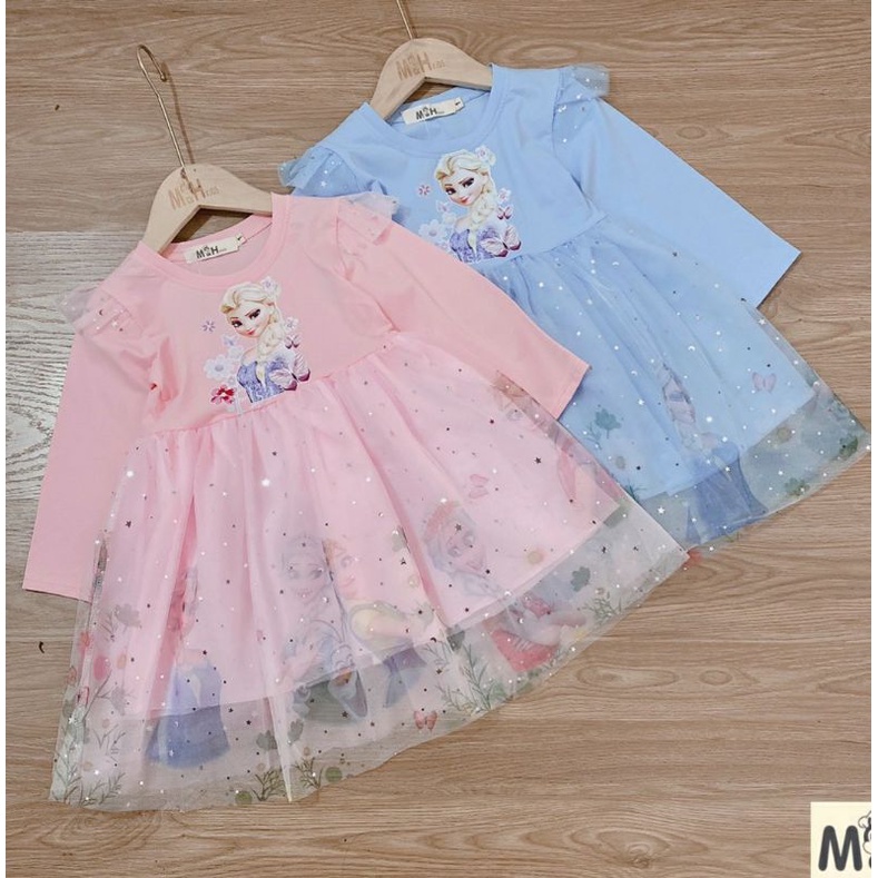 XẢ SIZE NHÍ Váy công chúa Elisa cho bé 2-7T cotton 100% ngắn tay, dài tay giãn 4 chiều, đầm công chúa màu hồng, xanh
