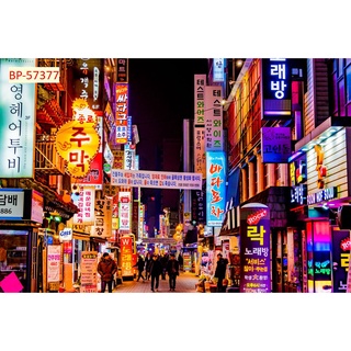 Tranh dán tường đường phố Hàn Quốc HONGKONG, NHẬT BẢN 3D, tranh vải lụa tặng keo và dụng cụ dán