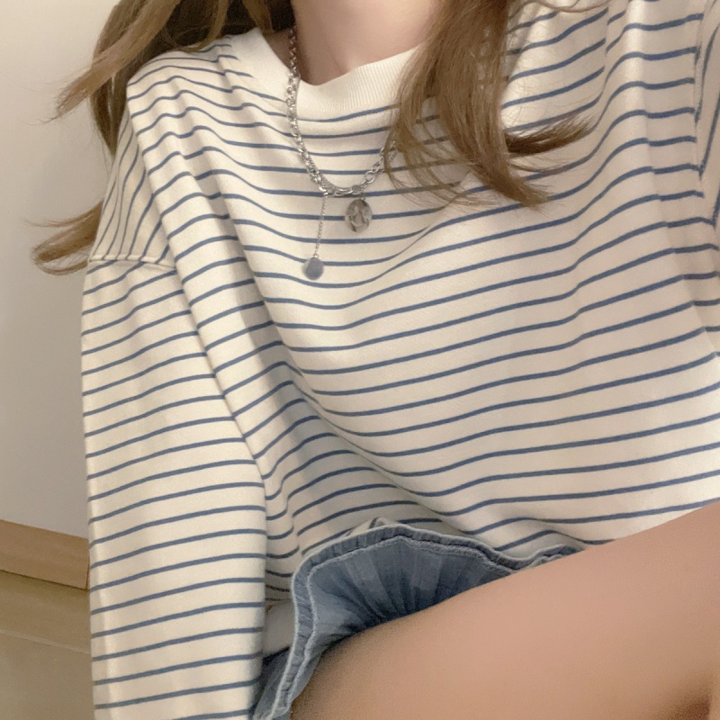 SUXI Áo Sweater Tay Dài Cổ Tròn Vải Mỏng Kẻ Sọc Phong Cách Thể Thao Cổ Điển Kiểu Hàn Thời Trang Mùa Thu Cho Bạn Nữ