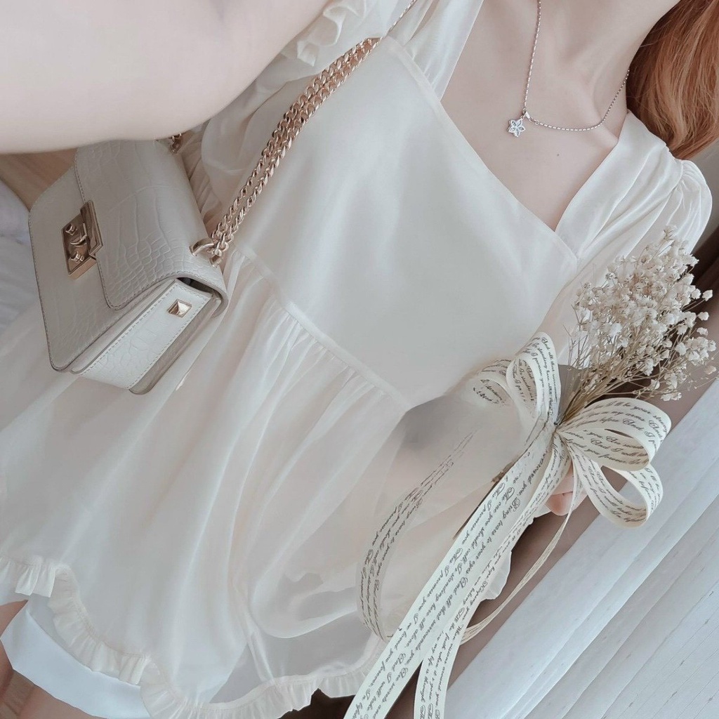 SET ÁO CỔ V NƠ NGỰC TAY BỒNG + SHORT TRẮNG ⚡HỎA TỐC⚡ BÁNH BÈO