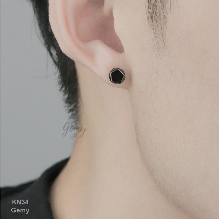 Khuyên tai nam bạc 925 màu đen lục lăng đơn giản, unisex (1 chiếc) | GEMY SILVER KN34