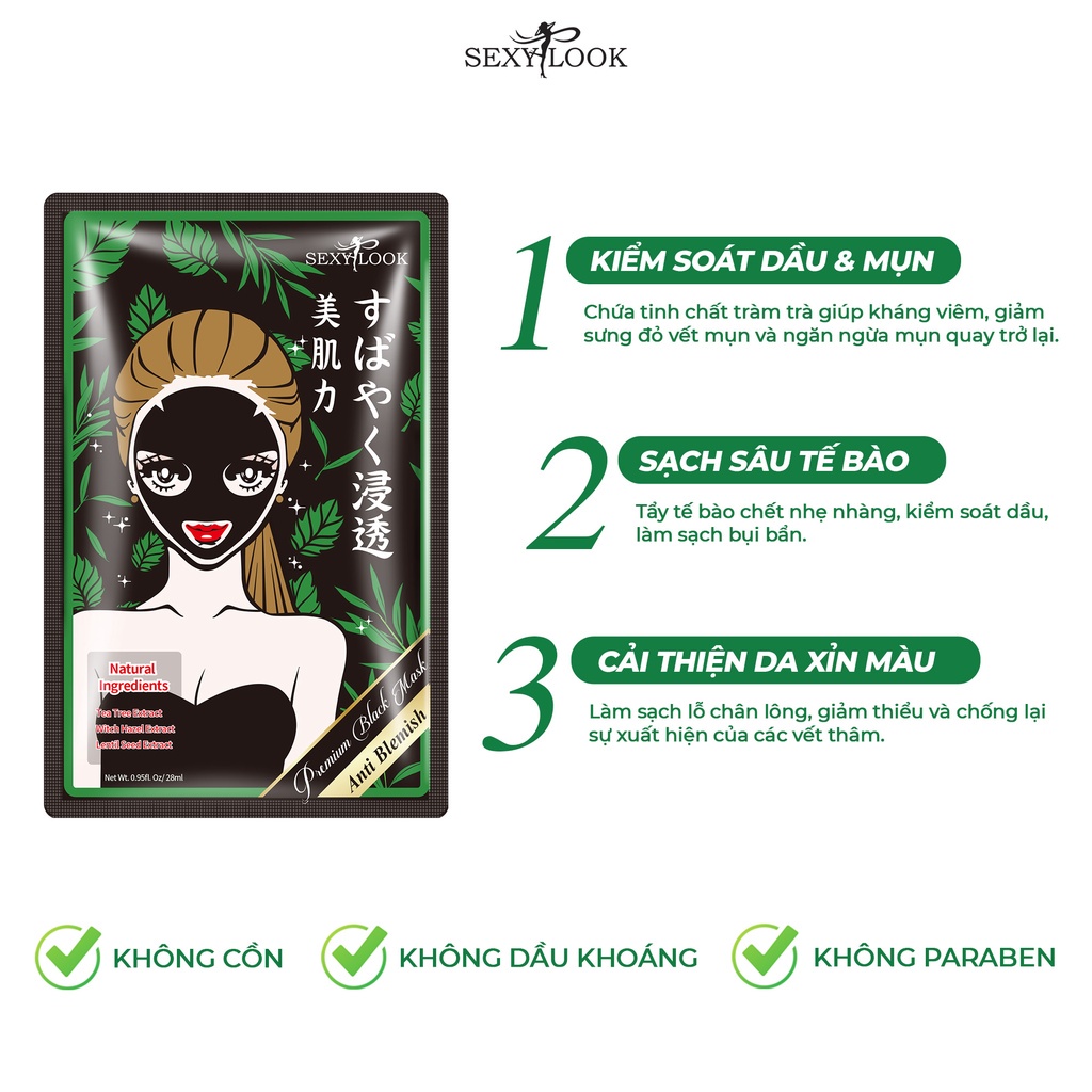 Ảnh Combo 4 Mặt Nạ Đen Dưỡng Ẩm - Giảm Mụn - Trắng Da SEXYLOOK (4 miếng x 28ml) 2