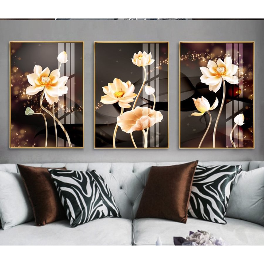 Bộ 3 Tranh treo tường canvas Lala hoa sen mang nhiều ý nghĩa phong thủy tốt lành trang trí phòng khách kèm đinh 3 chân