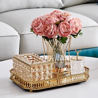Khay Pha Lê Tráng Gương Chữ Nhật Viền Mạ Vàng Đựng Mỹ Phẩm Decor Trang Trí Cam Homeware