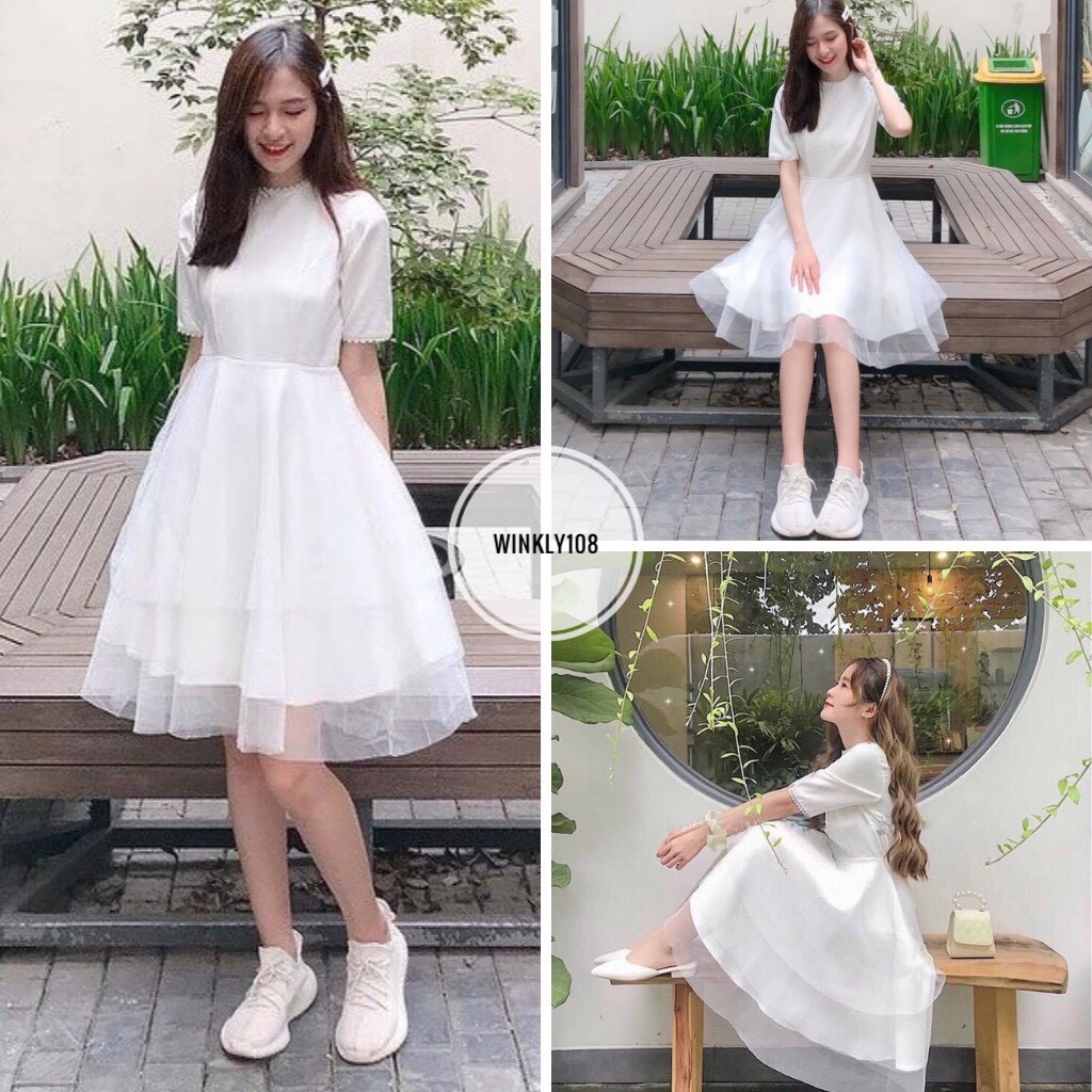 EVANIA DRESS - Váy Trắng Cổ Bèo Sâu Đính Ren Chân Váy