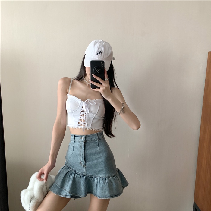 SUXI Chân váy jean chữ a thiết kế mới phong cách retro cho nữ