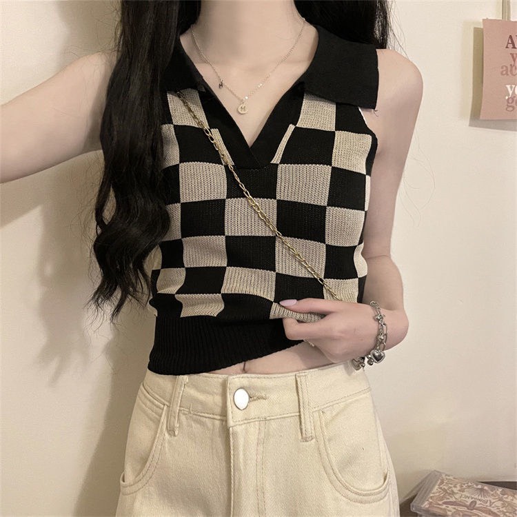 Áo polo 3 lỗ kẻ caro croptop dệt kim cực xinh