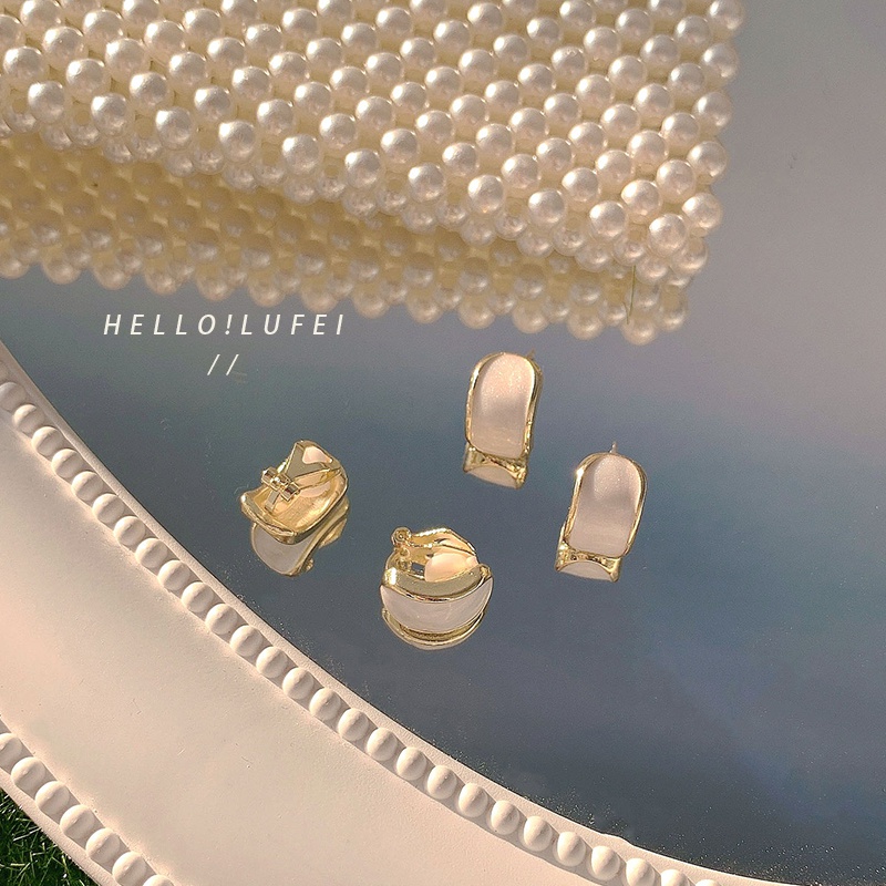Bông Tai Opal Trắng Phong Cách Cổ Điển Đơn Giản, Kẹp Tai Kim Bạc