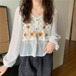 Áo Dệt Kim Nữ Tay Dài Phối Ren Phong Cách Hàn Quốc baju baju wanita Lenan panjang