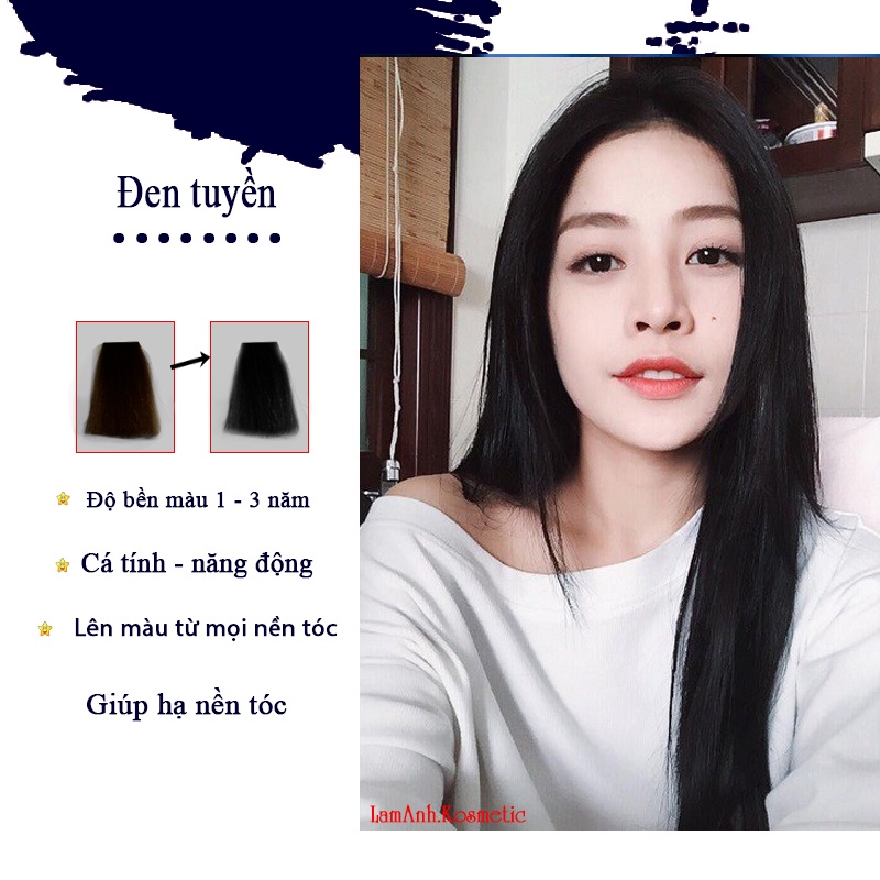 Thuốc nhuộm tóc màu Đen Tuyền  lên chuẩn tone kem nhuộm an toàn nhuộm không sót da đầu mùi thơm
