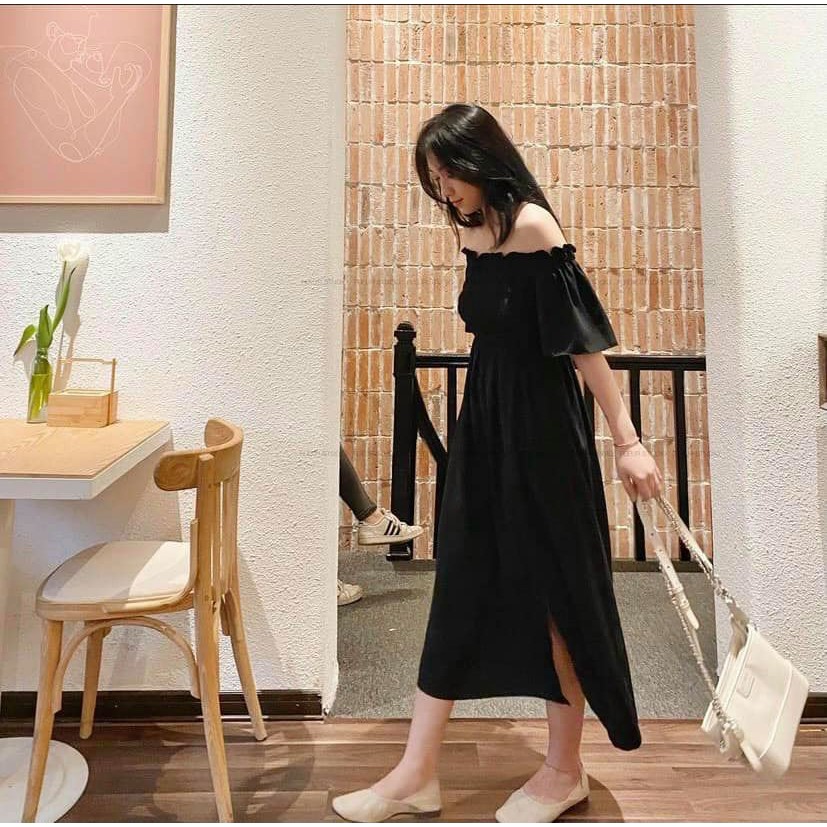 ĐẦM ĐEN DÀI DÁNG SUÔNG BO CHUN NGỰC - MARU DRESS