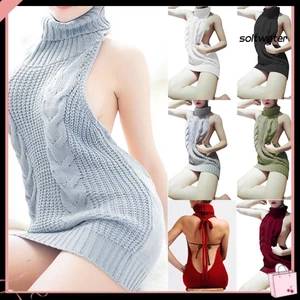 Đầm len cổ lọ không tay hở lưng gợi cảm thời trang cho nữ