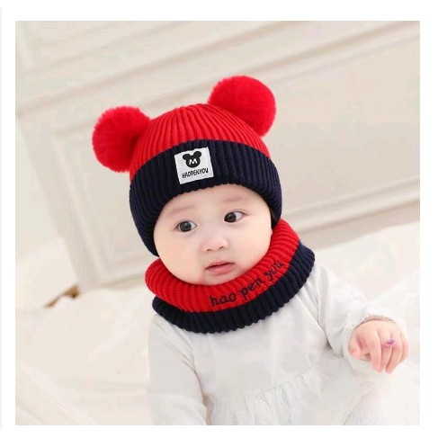 Mũ Mickey 2 Quả Bông - Mũ Len Kèm Khăn Quàng Cổ Cho Bé Từ 6 Tháng - 3 Tuổi (sỉ hot)