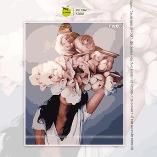 Tranh tô màu theo số hóa có khung 40x50cm Cô gái hoa và chú chim T600