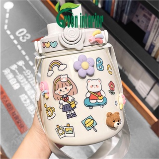 Bình giữ nhiệt Greeninterior dung tích 880ml, bình đựng nước cute có ống hút, inox 304 cao cấp kèm hình dán 3D Màu Trắng