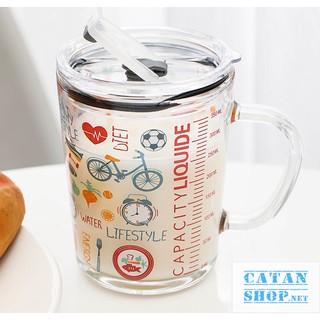 Cốc Thuỷ Tinh Hoạt Hình Pha Sữa Cho Bé, Ly Thủy Tinh Chia Vạch 350ml Nắp Đậy Kín Kèm Ống Hút