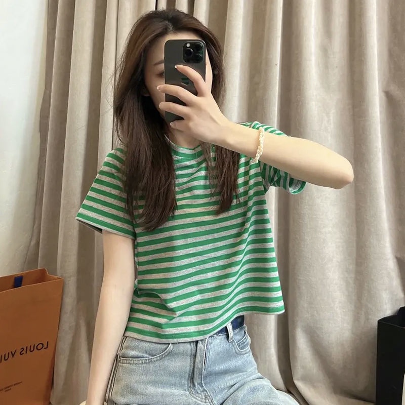 Áo thun cotton sọc màu tương phản BH dành cho nữ ngắn tay phong cách