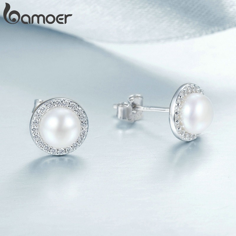 BAMOER Khuyên Tai Tròn bạc 925 Đính Ngọc Trai cz Lấp Lánh Phong Cách Cổ Điển Cho Nữ sce122