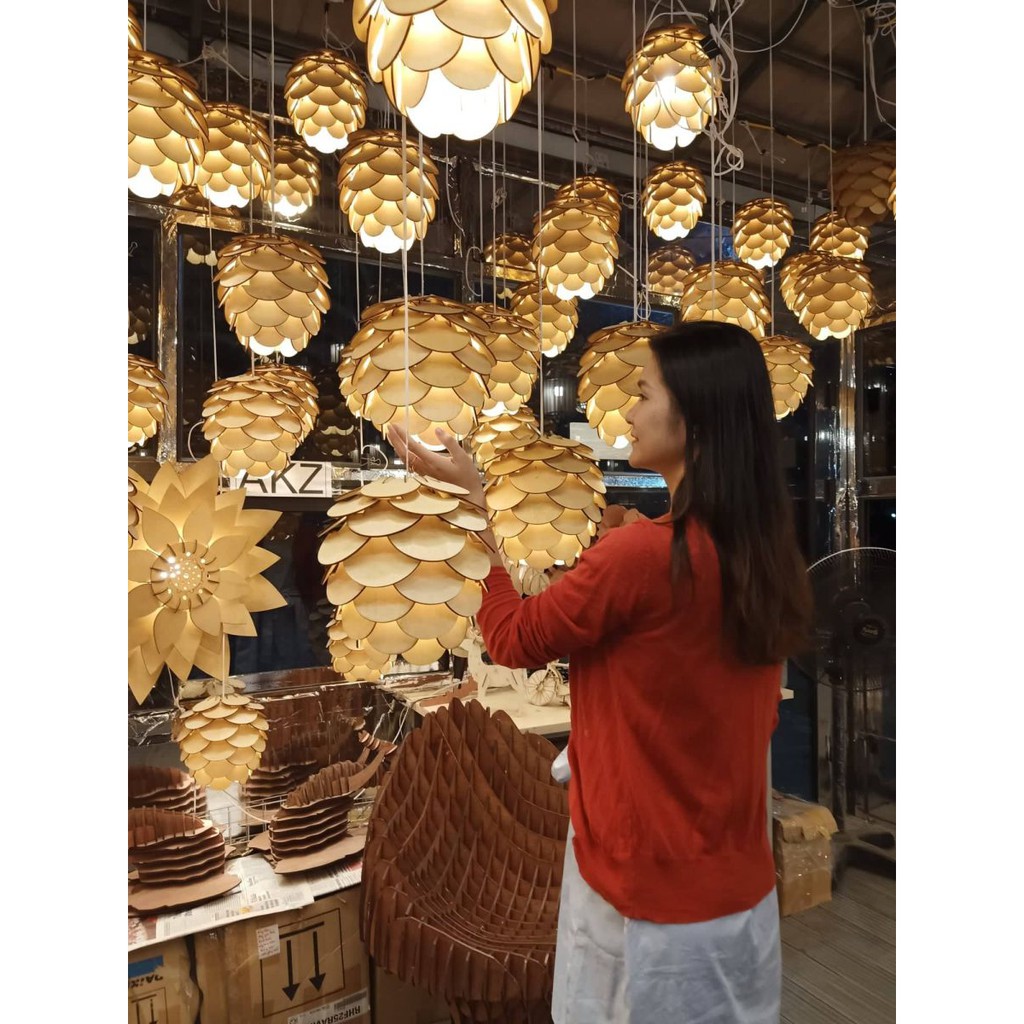 đèn thả trần gỗ DIY dáng quả thông D27cm