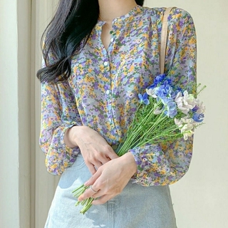 Áo Sơ Mi Voan Hoa Tay Dài Dáng Rộng Phong Cách Hàn Quốc baju baju wanita Lenjang panjang