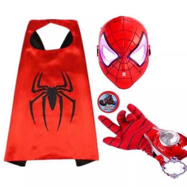 Bộ trang phục hóa trang 5 Món Người Nhện dịp halloween, Áo choàng siêu nhân nhện kèm găng tay, mặt nạ, đeo tay bắn đĩa