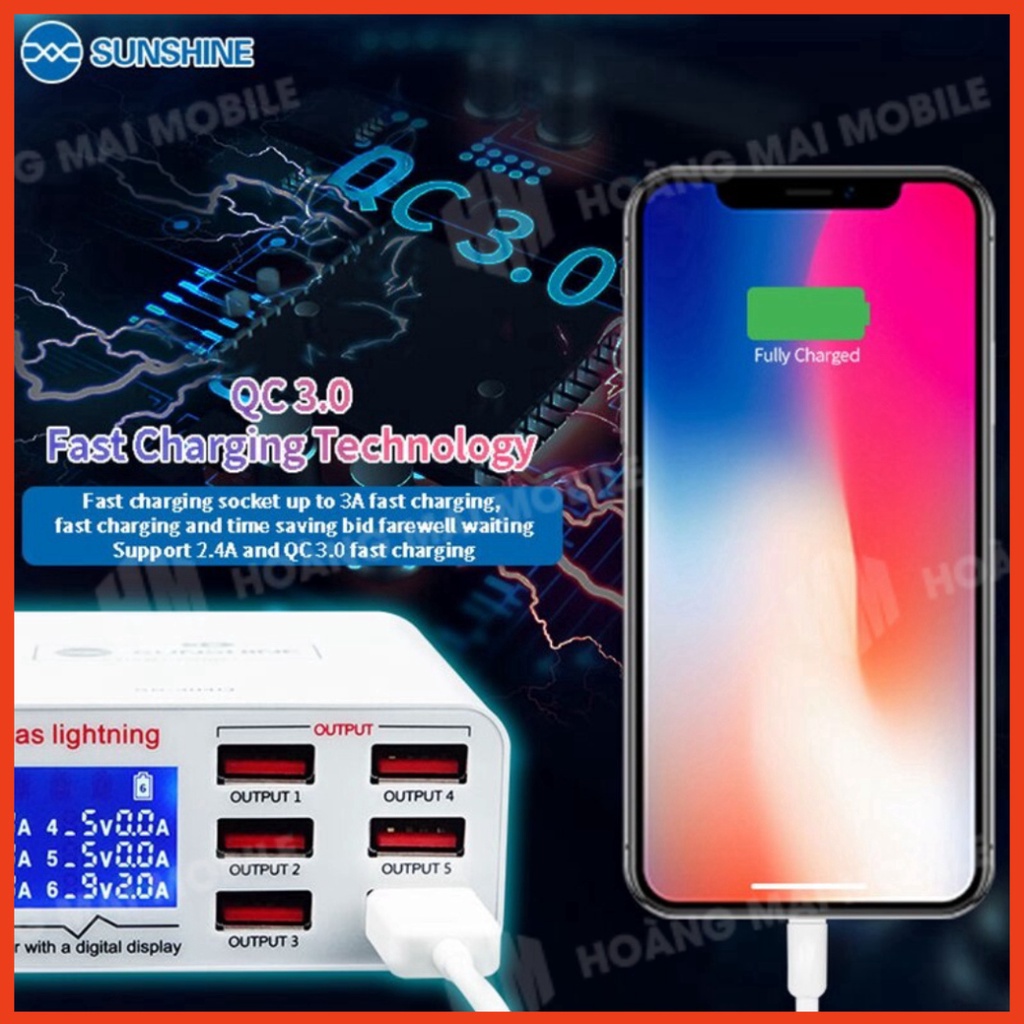 Sạc nhanh SUNSHINE SS-304Q 40W 6 cổng: 4 USB-A + QC3.0 + Type-C/PD