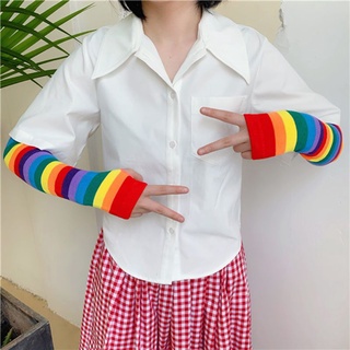 Cặp găng cánh tay dài hở ngón chống nắng họa tiết sọc cầu vồng thời trang cho nữ