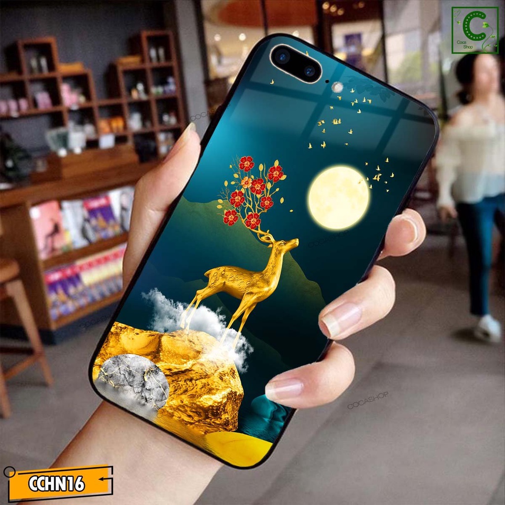 Ốp lưng iphone mặt kính cao cấp -Hươu vàng lộc lá nở hoa - 6/6plus/6s/6splus/7/7plus/8/8plus/x/.....