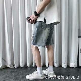 Quần Short Denim Mùa Hè Màu Sắc Ánh Sáng Beggar Rách Quần Short Denim Nam Phiên Bản Hàn Quốc Rời Phù Hợp Với Quần Giữa Phong Cách Hồng Kông Dạo Phố Quần Giữa Quần Jeans Denim