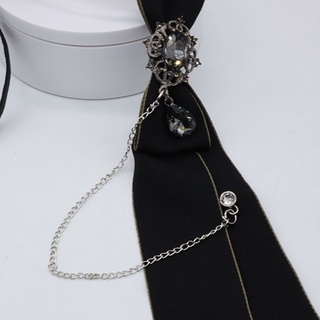 Gothic Black Necktie Rhinestones Pendant Metal Chain Evening Party Pre Tied Tie