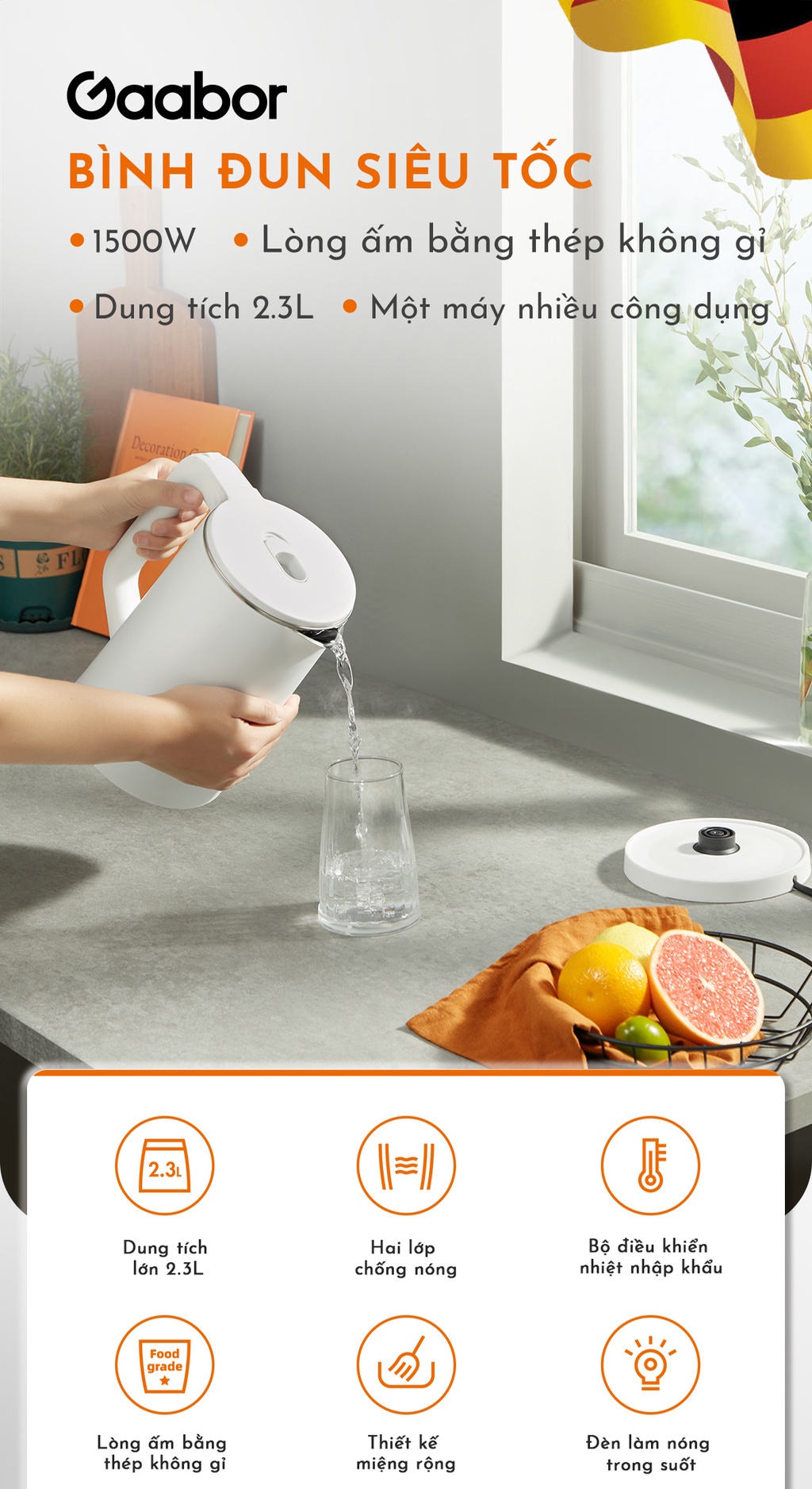 Mô tả Bình đun siêu tốc Gaabor EK20M-WH02A dung tích lớn 2L công suất 1500W chất liệu inox sôi nhanh dễ vệ sinh - 8