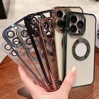 Ốp lưng silicon trong suốt sang trọng cho iphone 13 12 11 pro max có bảo vệ ống kính cho vỏ sạc không dây từ tính