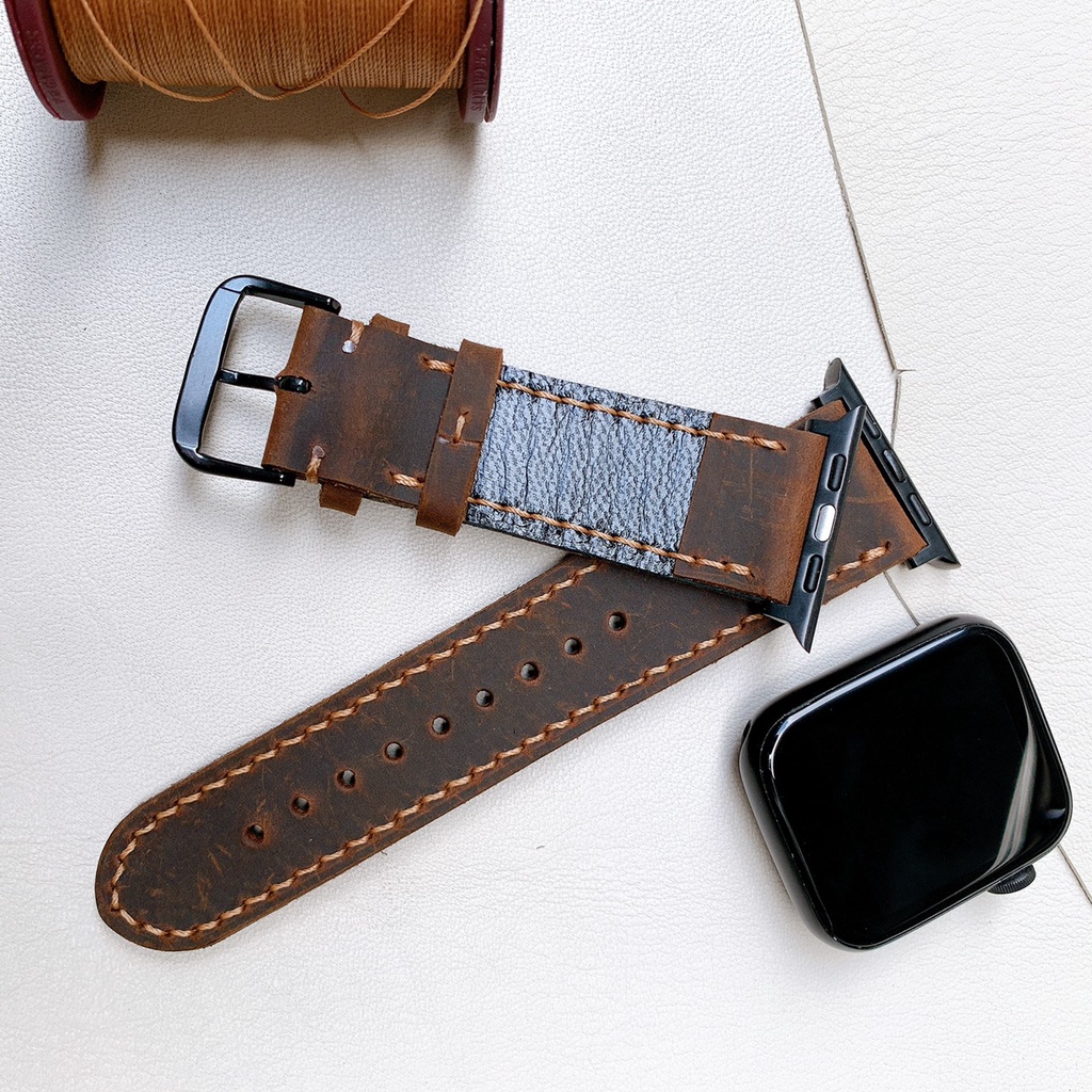 Dây đeo Apple Watch da bò 2 lớp nâu đậm, đủ seri 1,2,3,4,5,6... 38mm,40mm,42mm,44mm