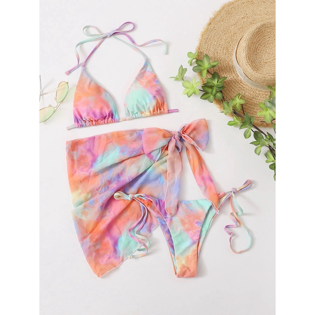 Bộ bikini ba món vải nhuộm loang màu thời trang mới dành cho nữ