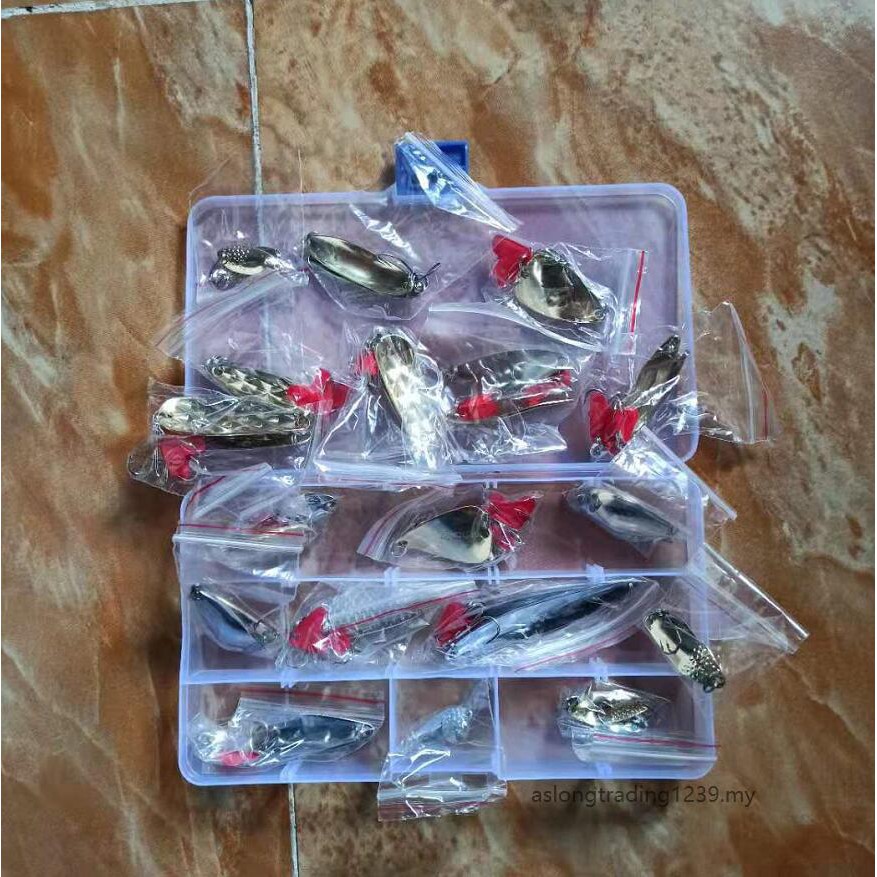 SHINOBASS 35 Cái / lô Muỗng Kim Loại Mồi Câu Cá 1.5g-12g Kích Thước Hỗn Hợp Treble Móc Mồi Cứng Bass Cá Hồi Mực Jig Phụ Kiện + Hộp