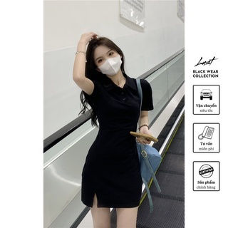 Váy polo nữ thời trang LUST màu đen có cổ thiết kế đẹp trơn cơ bản ôm body - M3