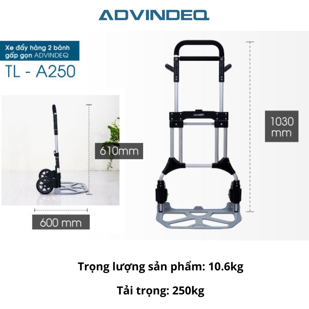 Xe đẩy hàng 2 bánh gấp gọn ADVINDEQ TL-A250, tải trọng lớn 250kg, bảo hành 12 tháng toàn quốc