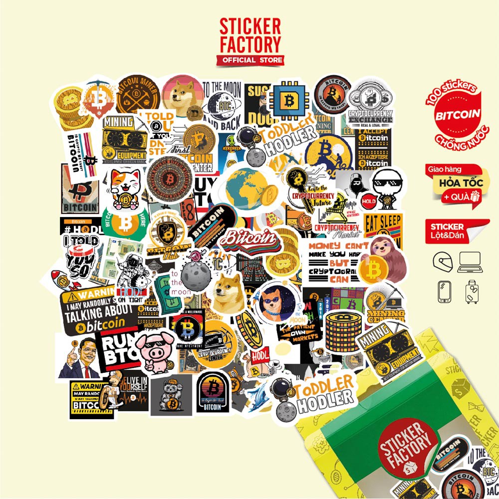 Bitcoin - Set 100 sticker decal hình dán nón bảo hiểm, laptop, xe máy ...