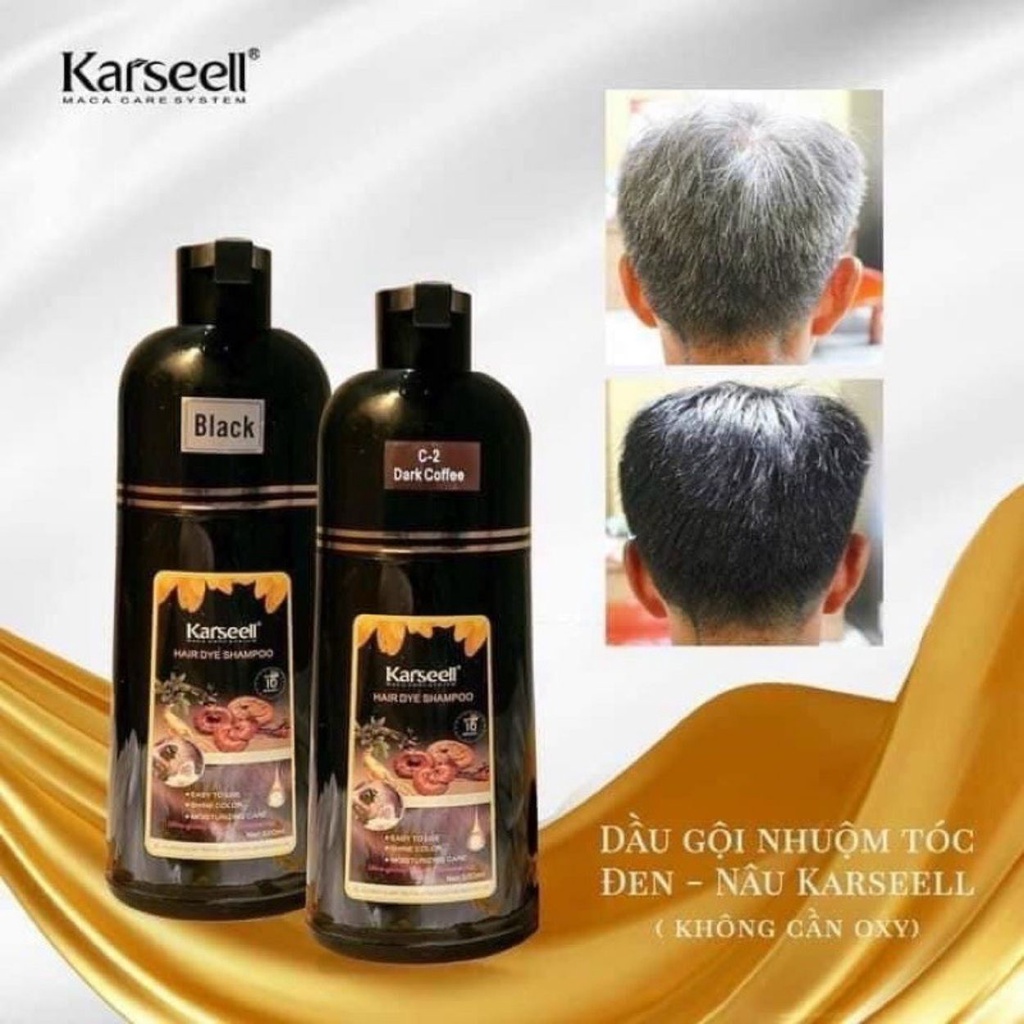 Dầu Gội Phủ Bạc Karseell Maca Essence 500ml | Hỗ Trợ Lên Màu Đen/Nâu, Che Tóc Bạc Tại Nhà.