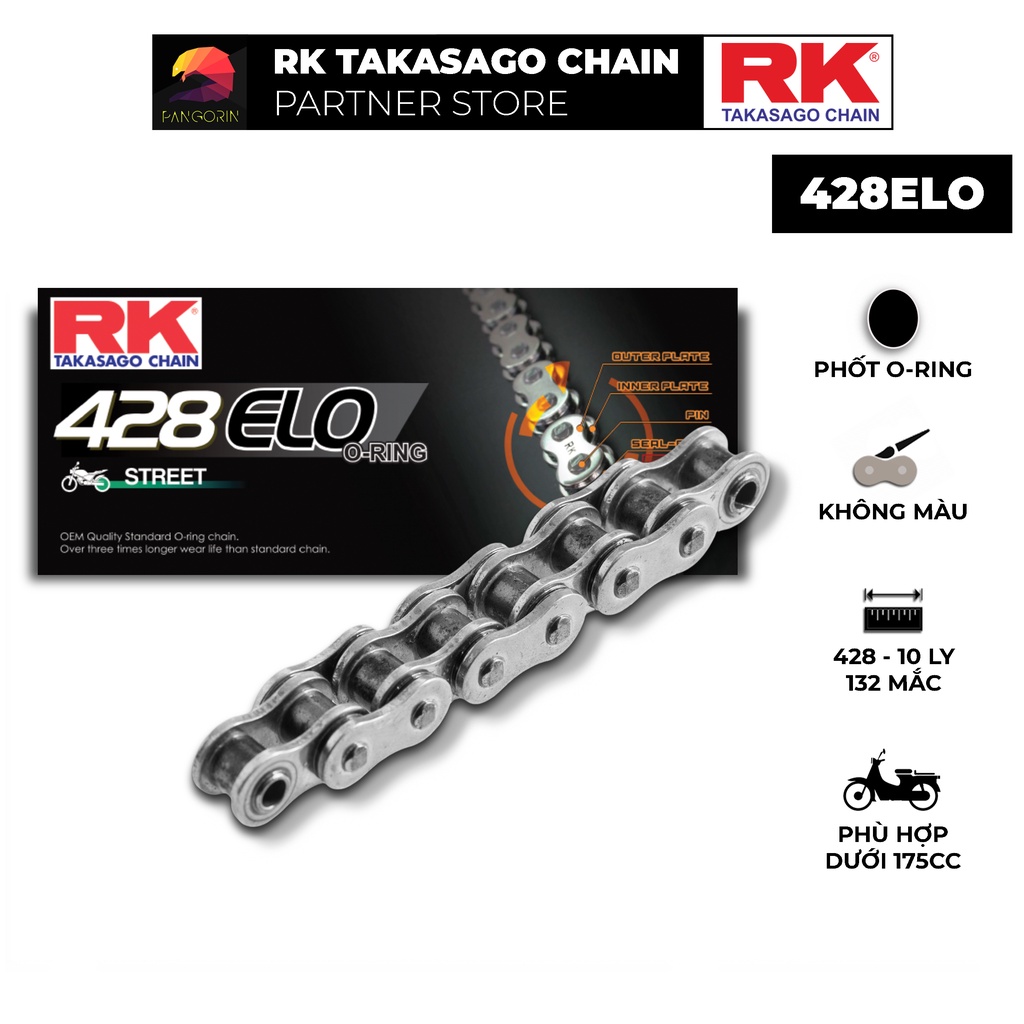 Sên xe máy RK Takasago chain mã 428-ELO, phốt cao su O-ring, kích 