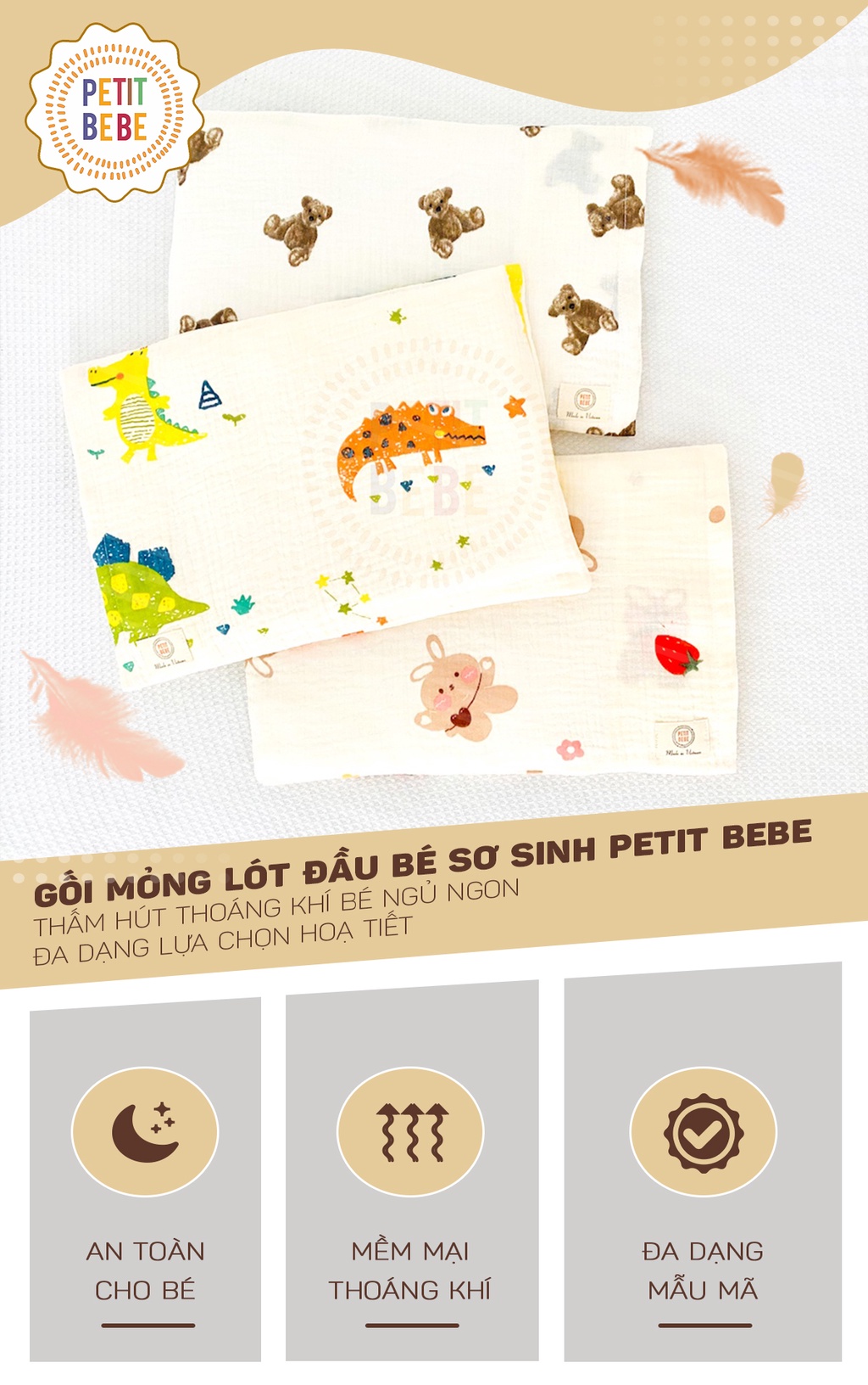 Mô tả Gối mỏng lót đầu bé sơ sinh Petit Bebe muslin thấm hút thoáng khí hoạ tiết đáng yêu - 1