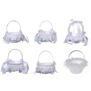 YOI Hoa Cô Gái Giỏ Trắng Nhỏ Satin Vải Giỏ Có Ren Hoa Giả Cung Ngọc Trai Trang Trí Cho Lễ Cưới