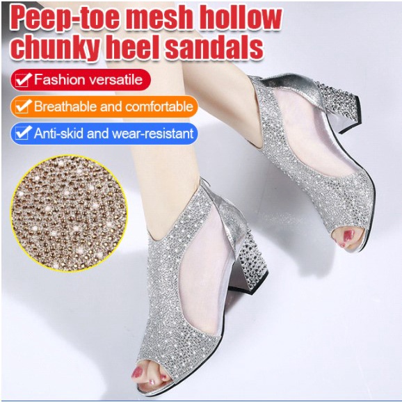 Giày Cao Gót Phối Lưới Hở Ngón Xinh Xắn Thời Trang
