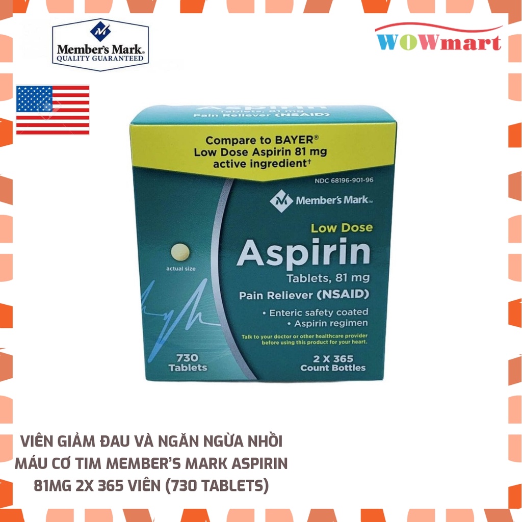 Viên giảm đau và ngăn ngừa nhồi máu cơ tim Member’s Mark Aspirin 81mg